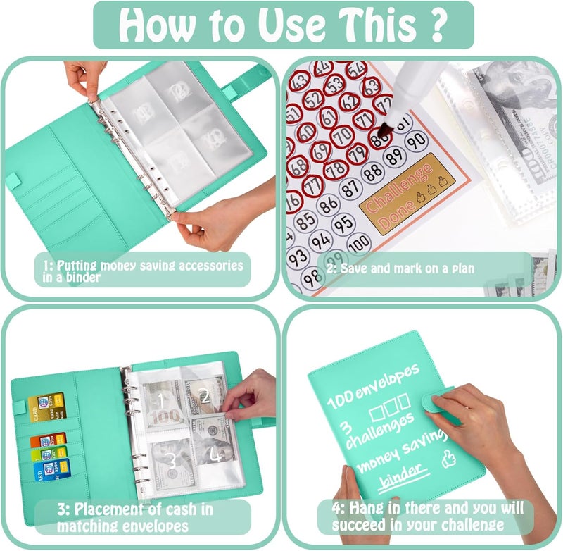 Antner 100 Envelopes Money Saving Challenge Binder, Savings Challenges Book with Envelopes & Challenge Trackers to Save $5,050 and $500 and $10,000, A5 Budget Binder Money Saving Book, Light Green - Image 4